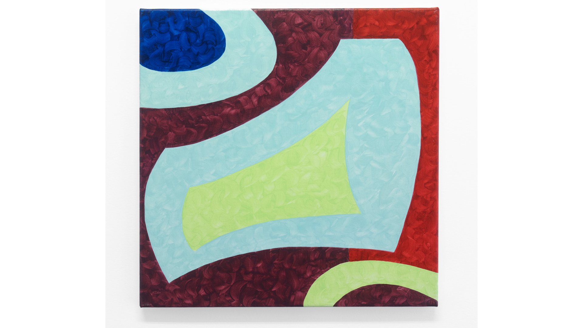 Madeline Simm: Oh, say what you like, life has something to offer despite everything, 2022, oil on linen, 50 x 50 cm. I square oil painting made up of dynamic hard edged and circular shapes in various tones of red, green and blue, built up from small texural brush strokes.